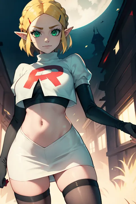 Zelda, green eyes, short hair ,team rocket,team rocket uniform, red letter R, white skirt,white crop top,black thigh-high boots ,black elbow gloves, sinister villianess look,