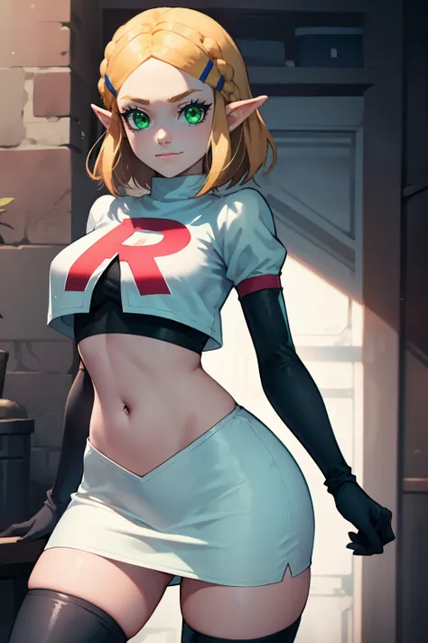 Zelda, green eyes, short hair ,team rocket,team rocket uniform, red letter R, white skirt,white crop top,black thigh-high boots ,black elbow gloves, sinister villianess look,