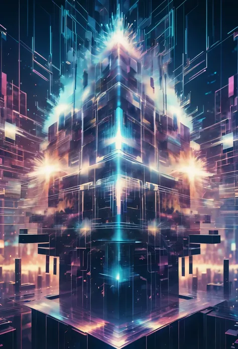 Dubrec style,Cybernetics appear in the sky.The prospect of fireworks on new year’s Eve 2024,Gorgeous fireworks,(Multiple exposure 1.8),(Digital signage,2024:1.5),technology city,artificial intelligence neuron,network matrix,new year&#39;Eve Visual Poster,I...