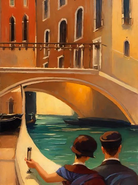 painting of a couple on a gondola ride in venice, inspirado em Raymond Leech, inspirado em William Glackens, early evening, romantic painting, inspirado por George Luks, inspirado em Louis Glackens, inspirado em Antonio Ciseri, Siena queimada e vermelho ve...