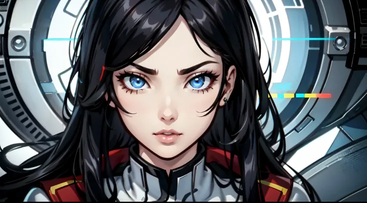 A (Chinese) female, with long dark (black) hair, blue eyes, pale (grey skin), (athletic), tall woman, (alluring fighter), (cute) martial-arts garb, (humanoid) alien, (Sci-fi) fantasy, (close-up shot), perfect composition, hyper-detailed, 8K, high quality, ...