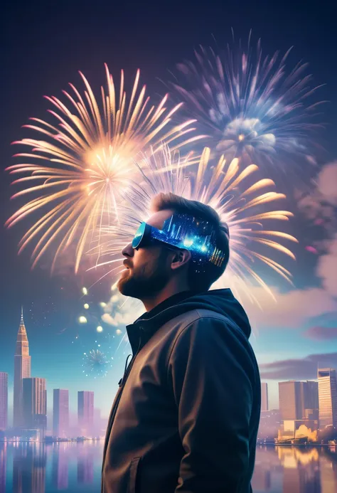 Dubrec style,Cybernetics appear in the sky.The prospect of fireworks on new year’s Eve 2024,Gorgeous fireworks,(Multiple exposure 1.8),(Digital signage,2024:1.5),technology city,artificial intelligence neuron,network matrix,new year&#39;Eve Visual Poster,I...