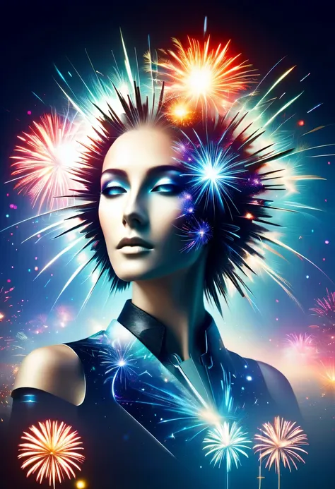 Dubrec style,Cybernetics appear in the sky.The prospect of fireworks on new year’s Eve 2024,Gorgeous fireworks,(Multiple exposure 1.8),(Digital signage,2024:1.5),technology city,artificial intelligence neuron,network matrix,new year&#39;Eve Visual Poster,I...