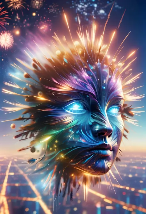 Dubrec style,Cybernetics appear in the sky.The prospect of fireworks on new year’s Eve 2024,Gorgeous fireworks,(Multiple exposure 1.8),(Digital signage,2024:1.5),technology city,artificial intelligence neuron,network matrix,new year&#39;Eve Visual Poster,I...