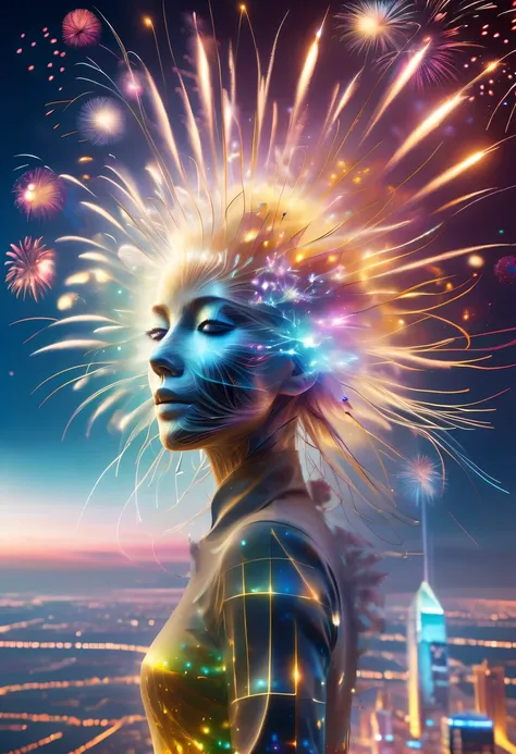 Dubrec style,Cybernetics appear in the sky.The prospect of fireworks on new year’s Eve 2024,Gorgeous fireworks,(Multiple exposure 1.8),(Digital signage,2024:1.5),technology city,artificial intelligence neuron,network matrix,new year&#39;Eve Visual Poster,I...