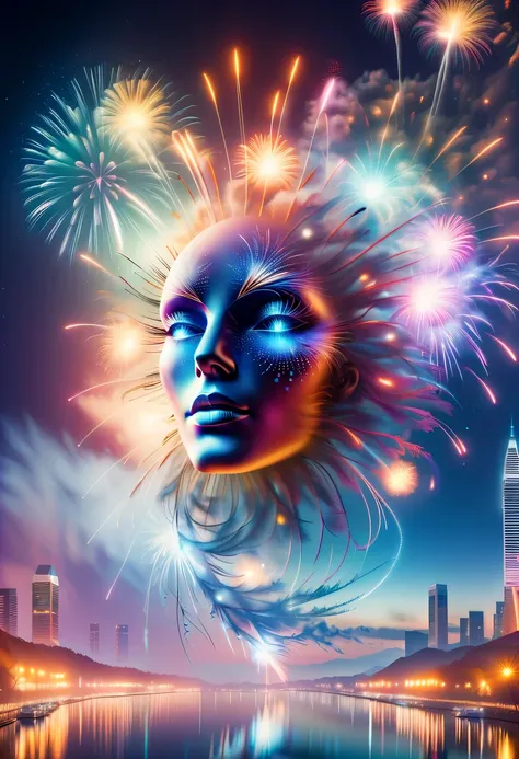 Dubrec style,Cybernetics appear in the sky.The prospect of fireworks on new year’s Eve 2024,Gorgeous fireworks,(Multiple exposure 1.8),(Digital signage,2024:1.5),technology city,artificial intelligence neuron,network matrix,new year&#39;Eve Visual Poster,I...