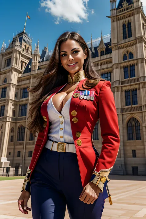 ((masterpiece)), ((best quality)), digital painting, ((photorealistic)), beautiful, sexy woman, brown eyes, long hair, eyebrows, facial details, wearing army uniform, sexy, outside the building, big breasts , sweet smile , facial details, perfect body anat...