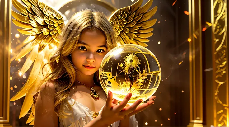 blonde children golden angel girl with a burning crystal ball in her hand. fundo vermelho