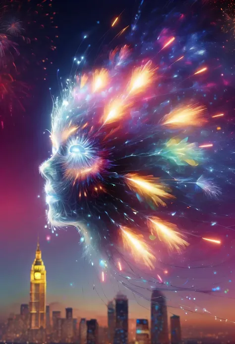 Dubrec style,Cybernetics appear in the sky.The prospect of fireworks on new year’s Eve 2024,Gorgeous fireworks,(Multiple exposure 1.8),(Digital signage,2024:1.5),technology city,artificial intelligence neuron,network matrix,new year&#39;Eve Visual Poster,I...