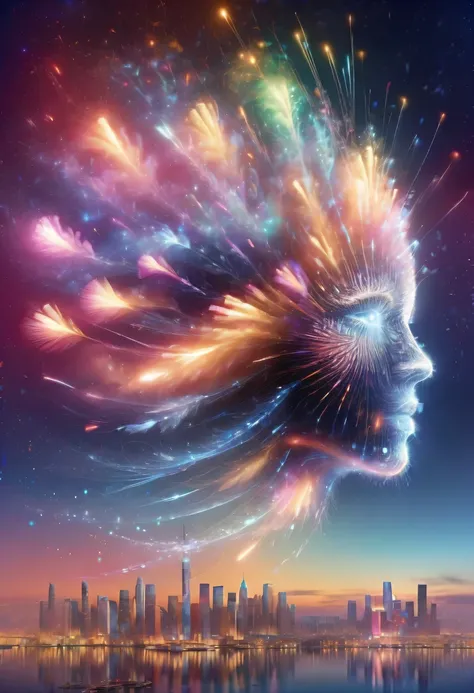 Dubrec style,Cybernetics appear in the sky.The prospect of fireworks on new year’s Eve 2024,Gorgeous fireworks,(Multiple exposure 1.8),(Digital signage,2024:1.5),technology city,artificial intelligence neuron,network matrix,new year&#39;Eve Visual Poster,I...