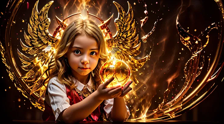 blonde children golden angel girl with a flaming crystal ball in her hand. fundo vermelho