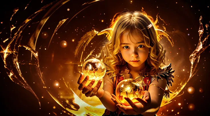 blonde children golden angel girl with a flaming crystal ball in her hand. fundo vermelho