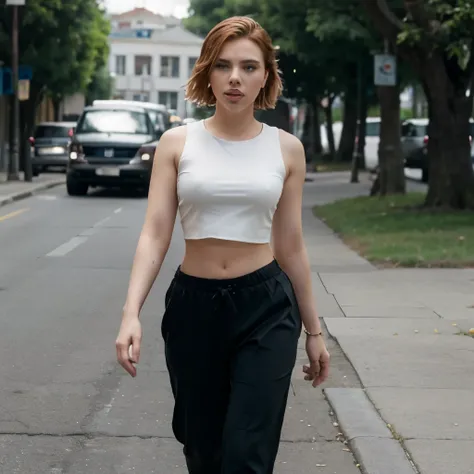 Actress Scarlett Johansson Crop top and low waist pants, she is walking barefoot, 8k, ultrarealistic