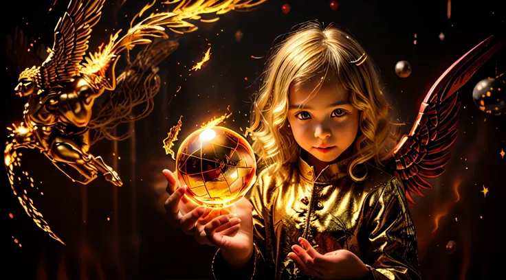 blonde children golden angel girl with a flaming crystal ball in her hand. fundo vermelho