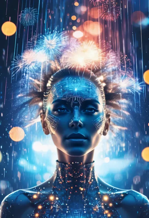 Dubrec style,Cybernetic transparent girl&#39;s face appears in the sky.Fireworks on new year’s Eve 2024,(Multiple exposure 1.8),(Title close-up,2024:1.5),Technopolis background,artificial intelligence neuron,network matrix,new year&#39;Eve Visual Poster,In...