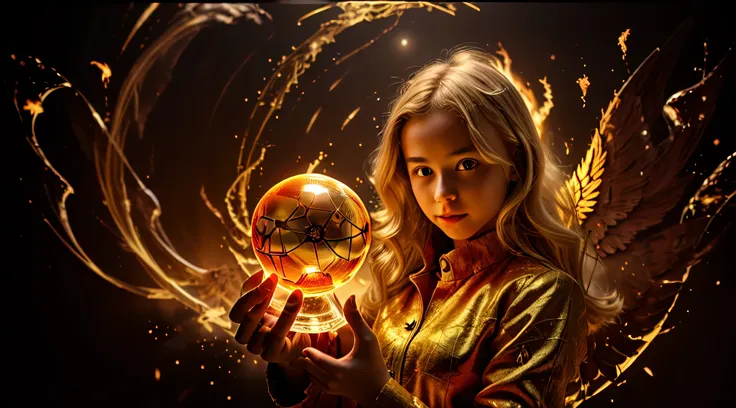 blonde children golden angel girl with a flaming crystal ball in her hand. fundo vermelho