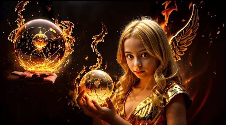 blonde children golden angel girl with a flaming crystal ball in her hand. fundo vermelho