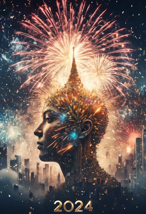 2024 new year poster,Transparent avatar，New Year&#39;s Eve Fireworks 2024，（multiple exposure：1.8）2024 New Year&#39;s Eve Vision Poster，Intricate poster for the year 2024 in surreal art style，2024 surreal dream new year poster，2024 surreal sci-fi new year d...