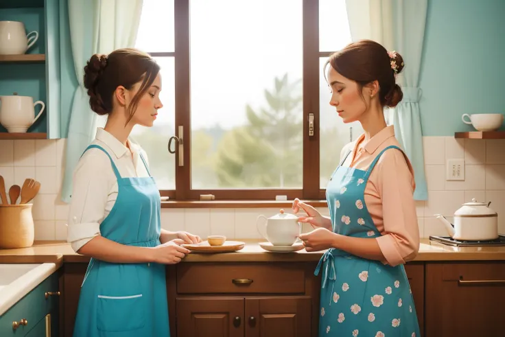 Cozy Morning Rituals: Create an image reminiscent of a scene from a Wes Anderson movie, featuring a middle-aged woman with chestnut hair tied in a loose bun, wearing a vintage floral apron over her pastel-blue dress. She stands by a sunlit kitchen window, ...