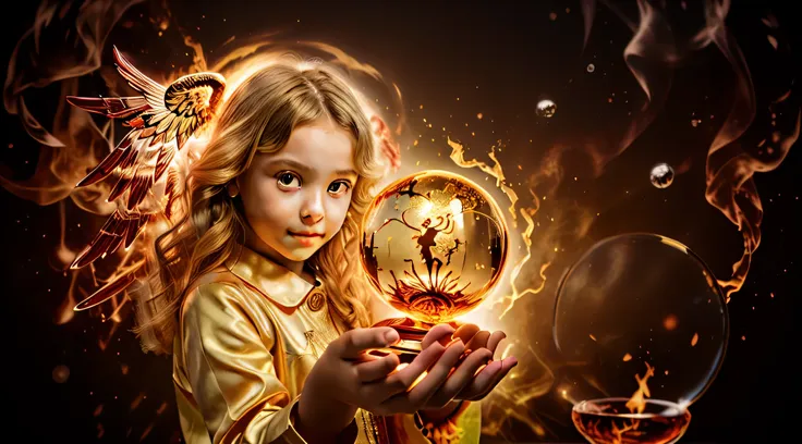 blonde children golden angel girl with a flaming crystal ball in her hand. fundo vermelho