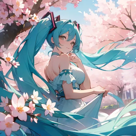 Big breasts Hatsune Miku，tmasterpiece, (Best quality at best), ((It is better to be detailed)), depth of fields, A beautyful girl, pretty  face, naturey, O spirit, blossom flower, Colorful scenery, blossoms, butterflys, glowing dress, element in