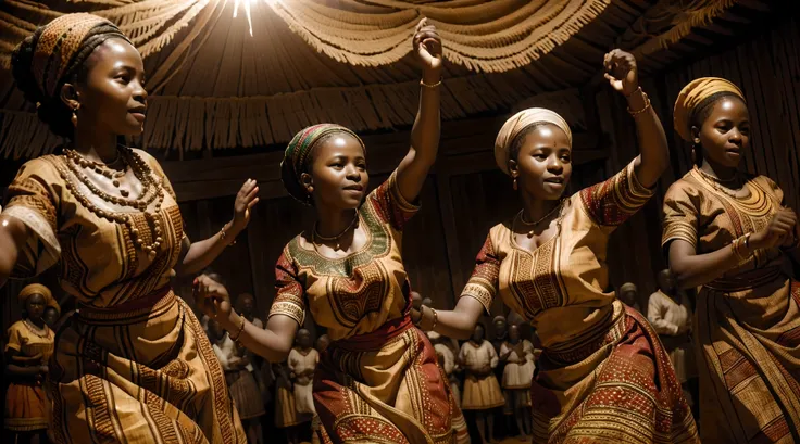 ultra-realistic photograph of african villagers dancing in communion, they are wearing traditional attire with beautiful pattern...