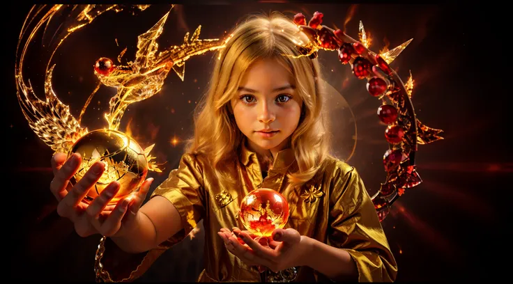 blonde children golden angel girl with a flaming crystal ball in her hand. red background