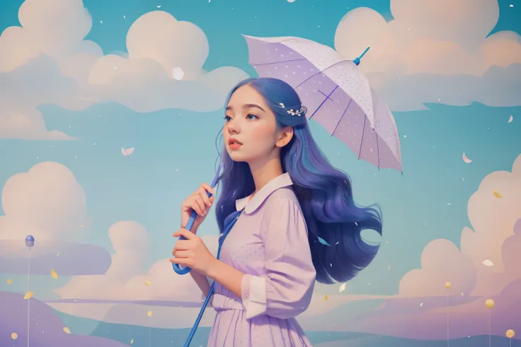 Floating Umbrella Soiree: Envision an image of a teenage girl with a cascade of silver-blue curls, dressed in a polka-dotted lavender dress, joyfully floating mid-air holding onto a whimsically oversized umbrella. The scene, set against a pastel-hued sky w...