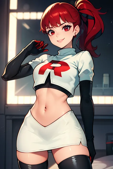 red hair, pony tail, red eyes ,glossy lips, light makeup, eye shadow, earrings ,team rocket,team rocket uniform, red letter R, white skirt,white crop top,black thigh-high boots, black elbow gloves, evil smile, sexy poses