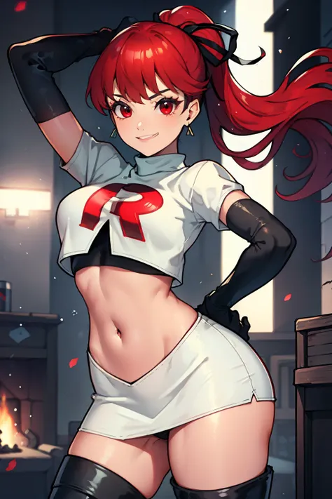 red hair, pony tail, red eyes ,glossy lips, light makeup, eye shadow, earrings ,team rocket,team rocket uniform, red letter R, white skirt,white crop top,black thigh-high boots, black elbow gloves, evil smile, sexy poses