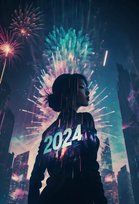 dubrec style,cybernetics appear in the sky.the prospect of fireworks on new year’s eve 2024,gorgeous fireworks,(multiple exposur...