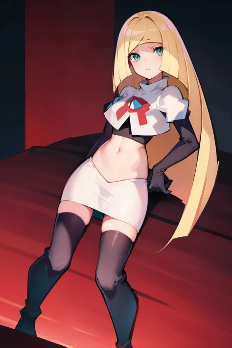 pokemonlusamine,green eyes,blonde hair,team rocket,team rocket uniform,white skirt,crop top,red letter R,black thigh-high boots,black elbow gloves,