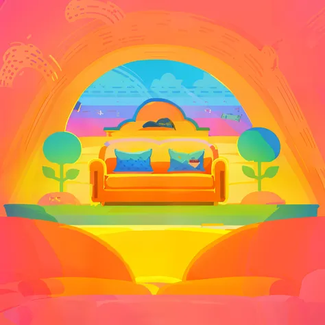 there is a couch with a hat and sunglasses on it, cartoonish and simplistic, minimalistic illustration, on a couch, shaded flat illustration, flat illustration, flat 2 d design, minimalist illustration,  and clean illustration, sofa, couch, 🪔 🎨;🌞🌄, minimal...