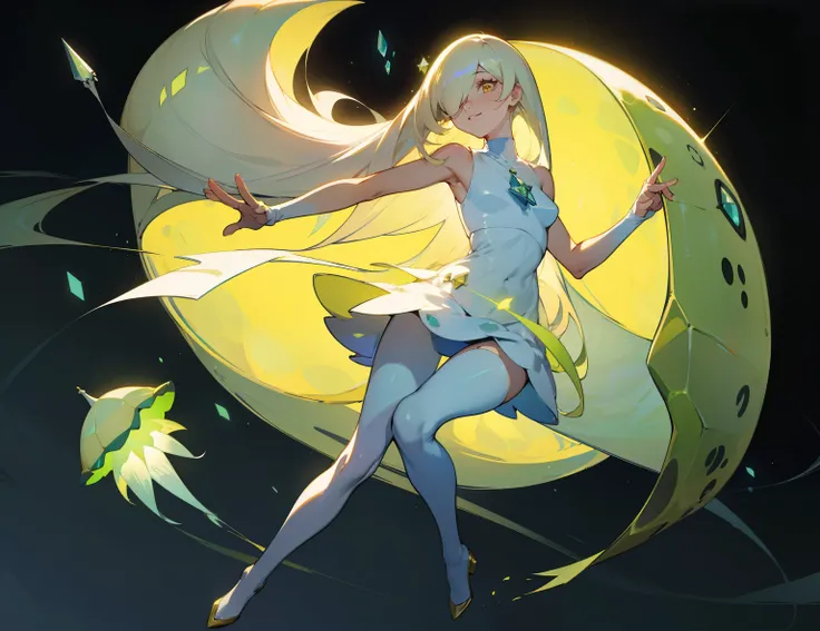 Sharp details、lily of the valley、Gorgeous and beautiful atmosphere、concept art illustration、masutepiece, Best Quality, hight resolution, Luzamine(A pokémon), Long hair, Platinum Hair,straight haired,yellow  eyes, 1girl in, Solo, ノースリーブturtle neck, White Dr...