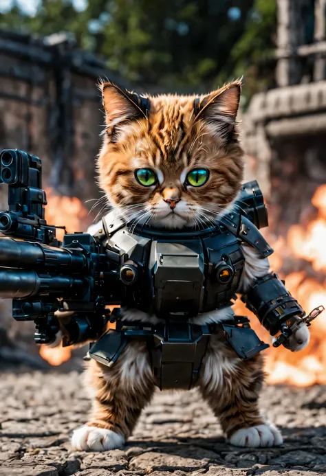 Extremadamente detallado, ultra realista, futuristic, A Munchkin cat in action poses with a high-tech Gatling gun on his back, solamente, 1cat, gran pistola Gatling, Fuego, Munchkin hi-tech cybernetics,((cuatro patas)), Ultra Real, Gato realista, militar, ...