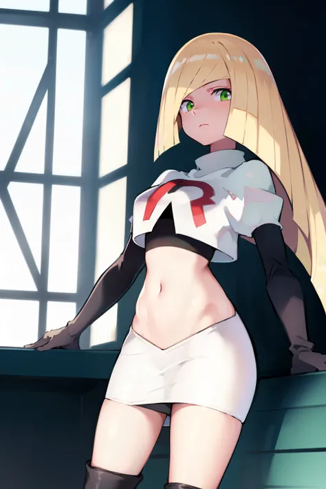 pokemonlusamine,green eyes,blonde hair,team rocket,team rocket uniform,white skirt,crop top,red letter R,black thigh-high boots,black elbow gloves,