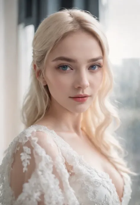 Realistic white Instagram influencer, best quality, Blond, 女の子1人, blaue Augen, in white, enger, kurzes Kleid