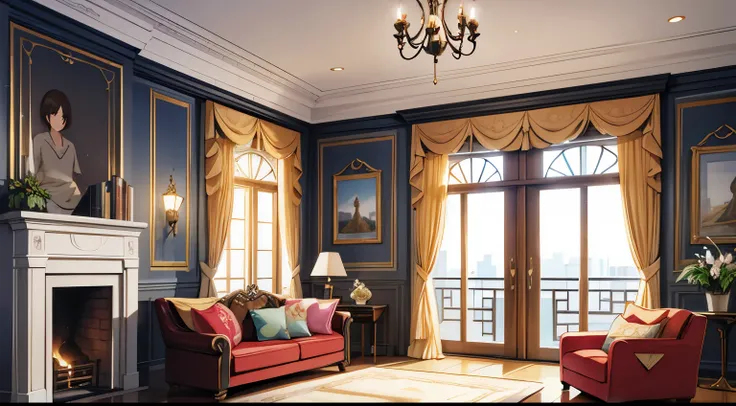 a large, rectangular and comfortable room in a classic building in Paris, an open balcony door with rounded top, with a balcony, overlooking the garden of Luchemburg, , a fireplace, wooden floor, light-colored furniture, some stuffed animals, a small bookc...