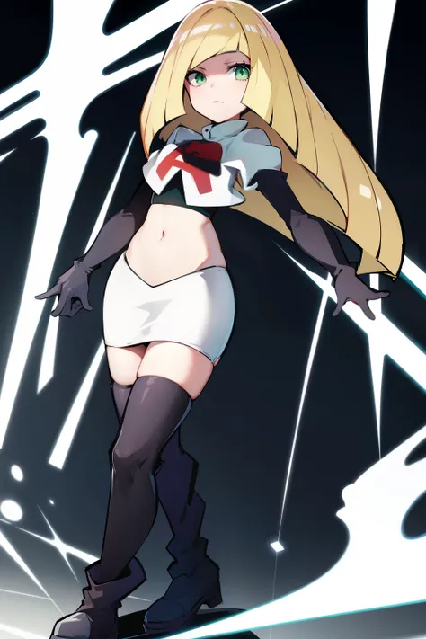 pokemonlusamine,green eyes,blonde hair,team rocket,team rocket uniform,white skirt,crop top,red letter R,black thigh-high boots,black elbow gloves,