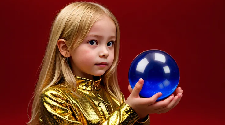 BLONDE KIDS GOLDEN ANGEL GIRL with a flaming crystal ball in her hand. fundo vermelho