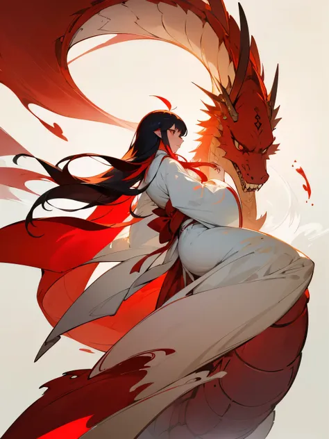 red and white background。rising dragon background、Back lighting、Profile of a person looking at the top with long hair in red inner color waving in the wind。Pure white kimono、Low angle up、art noveau、Alfonse Mucha、full body full shot