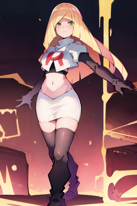 pokemonlusamine,green eyes,blonde hair,team rocket,team rocket uniform,white skirt,crop top,red letter R,black thigh-high boots,black elbow gloves,