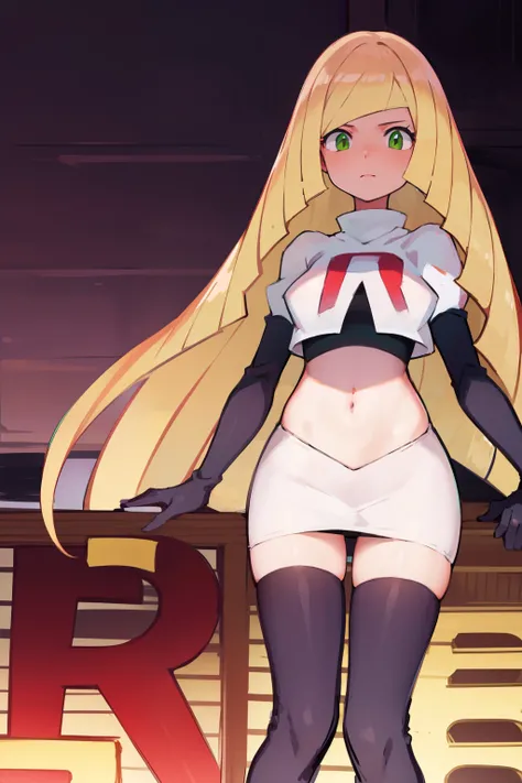 pokemonlusamine,green eyes,blonde hair,team rocket,team rocket uniform,white skirt,crop top,red letter R,black thigh-high boots,black elbow gloves,