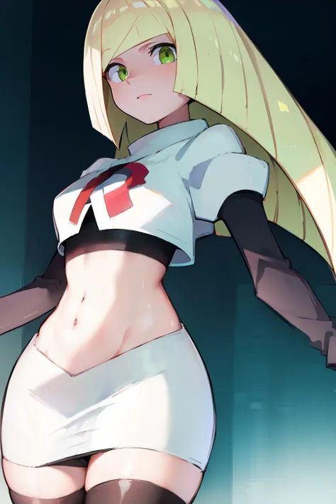 pokemonlusamine,green eyes,blonde hair,team rocket,team rocket uniform,white skirt,crop top,red letter R,black thigh-high boots,black elbow gloves,