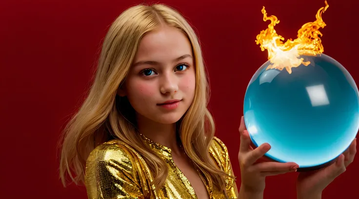 BLONDE KIDS GOLDEN ANGEL GIRL with a flaming crystal ball in her hand. fundo vermelho