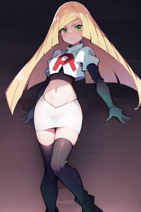 pokemonlusamine,green eyes,blonde hair,team rocket,team rocket uniform,white skirt,crop top,red letter R,black thigh-high boots,black elbow gloves,