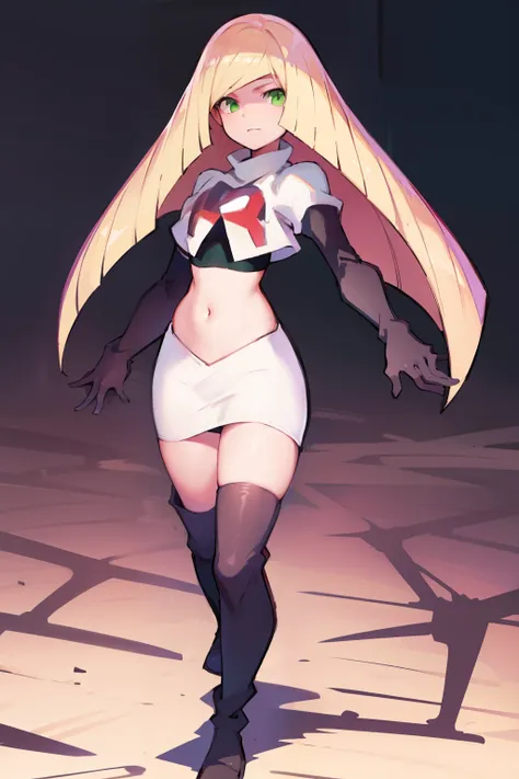 pokemonlusamine,green eyes,blonde hair,team rocket,team rocket uniform,white skirt,crop top,red letter R,black thigh-high boots,black elbow gloves,