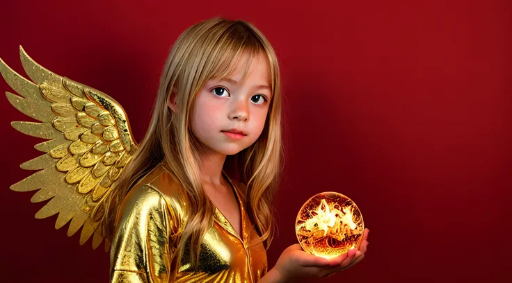 BLONDE KIDS GOLDEN ANGEL GIRL with a flaming crystal ball in her hand. fundo vermelho