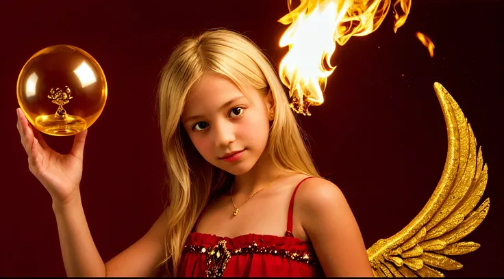 BLONDE KIDS GOLDEN ANGEL GIRL with a flaming crystal ball in her hand. Red background