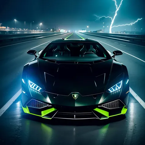 Black and green Lamborghini huracan performante parked at night, WELL illuminated by blue neon lights, in a stormy night with powerful lightning in the sky.